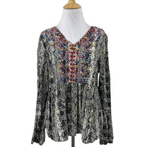 Savanna Jane Blouse Womens M Medium Multi Snake Print Embroidered Bell Sleeve
